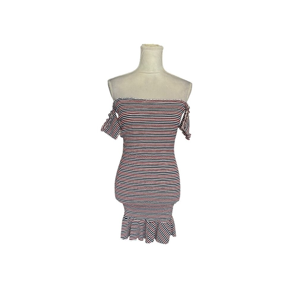 Vici Medium Off-Shoulder Striped Mini Dress With Ruffle Hem Flutter Sleeves Sz M